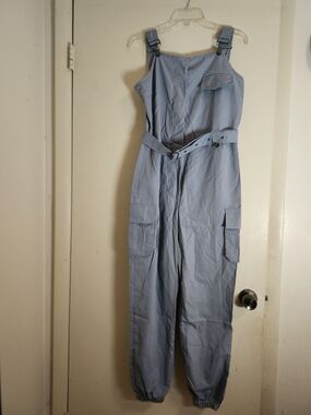 Light Blue Utility Cargo Jumpsuit with Belt